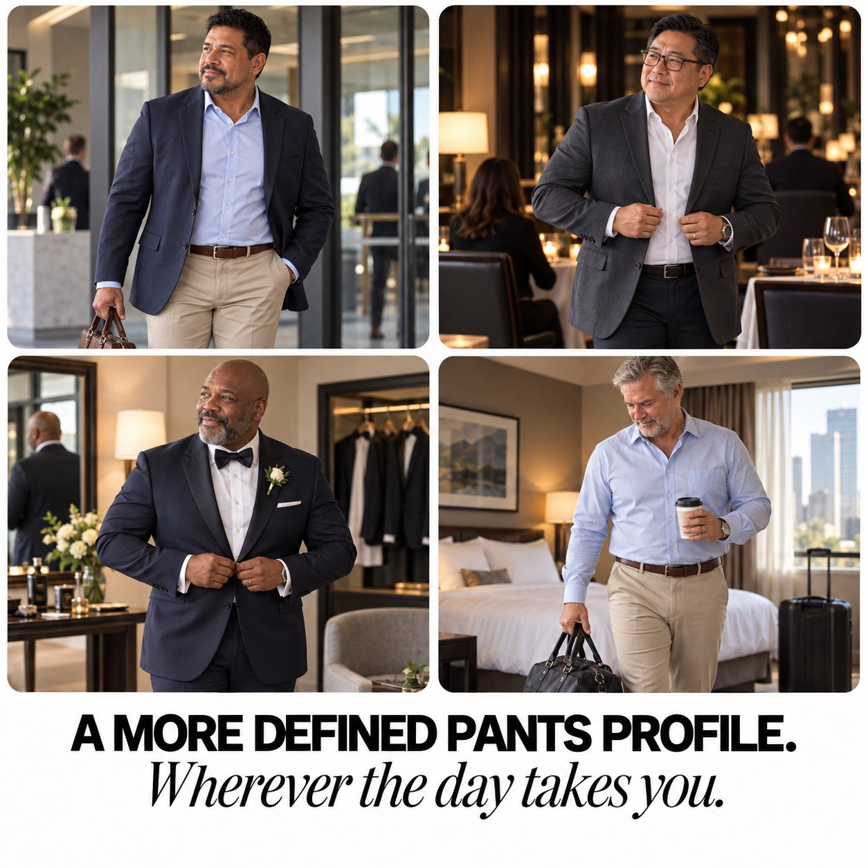 Four fully dressed men showing the Lift Boxer pants profile across work dinner wedding and travel routines