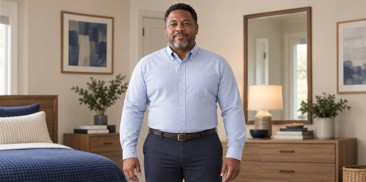 The same man and outfit over a DEFYNMEN high-waist shaping short for a cleaner clothing line
