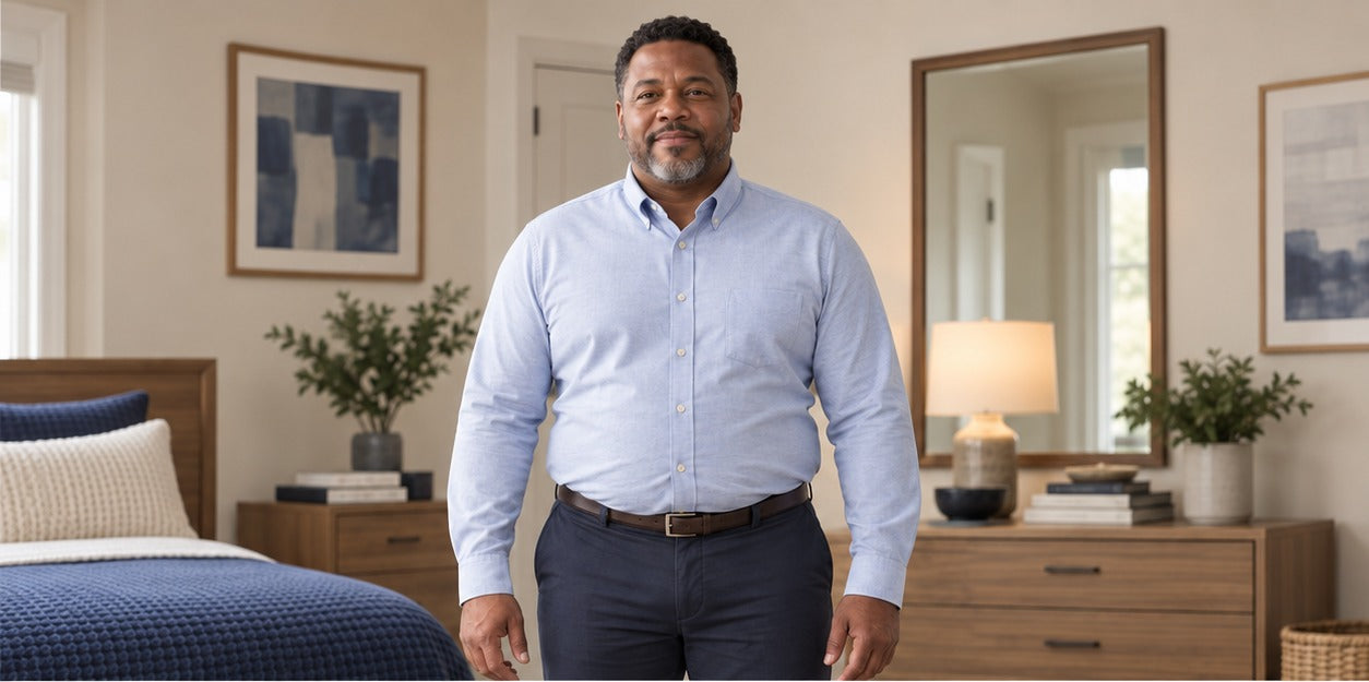 American man in a light blue shirt and navy pants without a shaping base layer