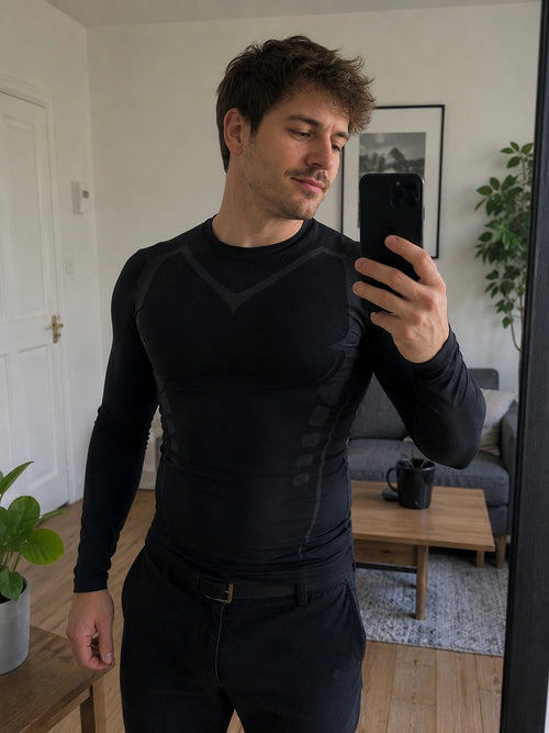DEFYNMEN compression undershirt worn in an everyday setting