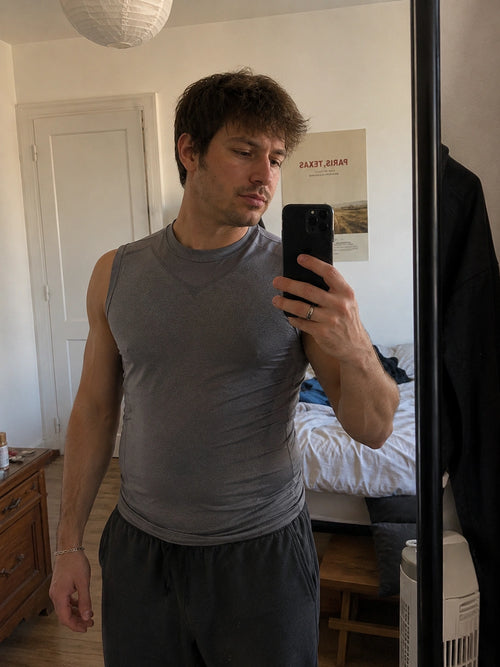 DEFYNMEN compression undershirt worn in an everyday setting