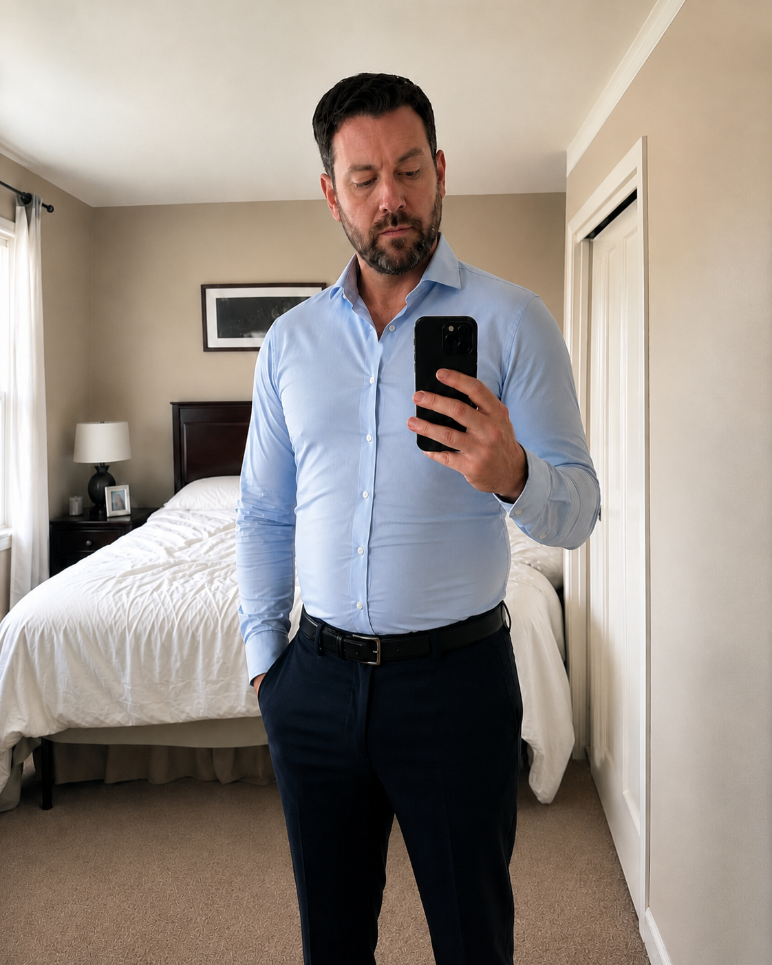 The same dress shirt worn with DEFYNMEN for a cleaner-looking silhouette