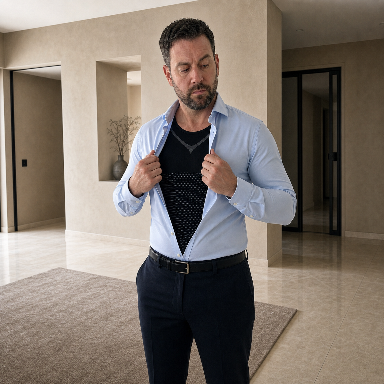 Man wearing a DEFYNMEN compression undershirt beneath a dress shirt