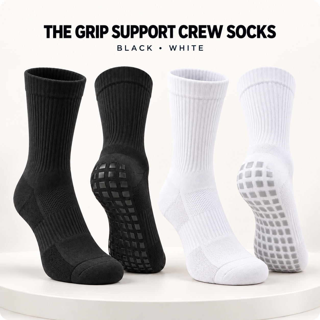 Black and white DEFYNMEN Grip Support Crew Socks with tonal sole grip zones