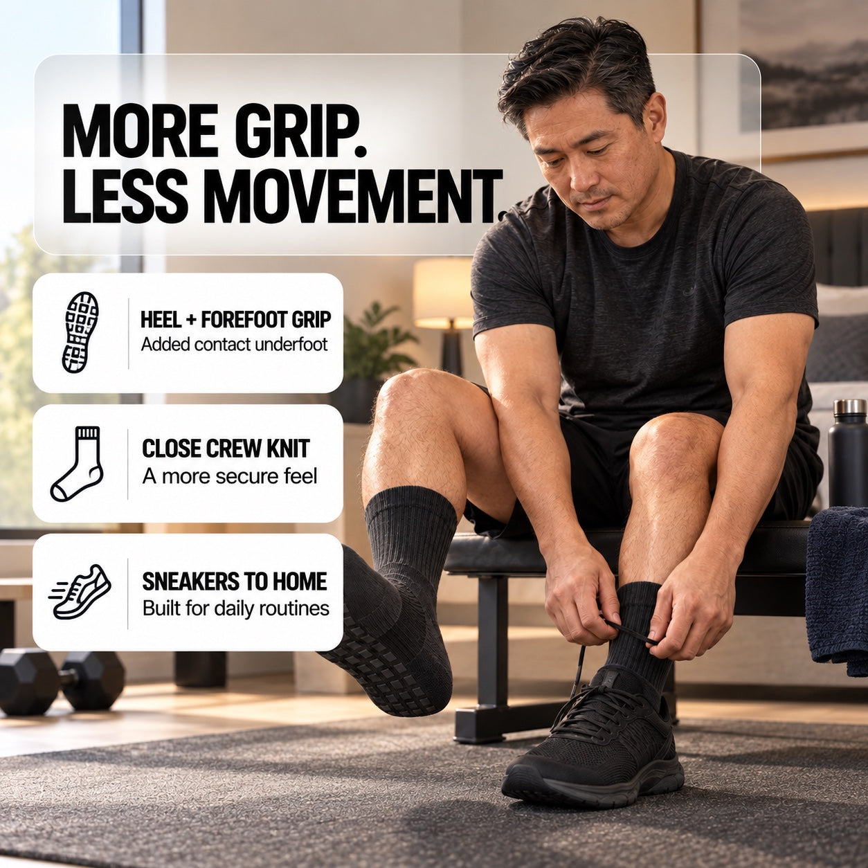 Man wearing grip crew socks beside three everyday benefits
