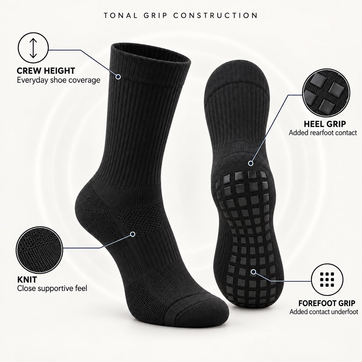 Technical view of the crew knit and tonal heel and forefoot grip