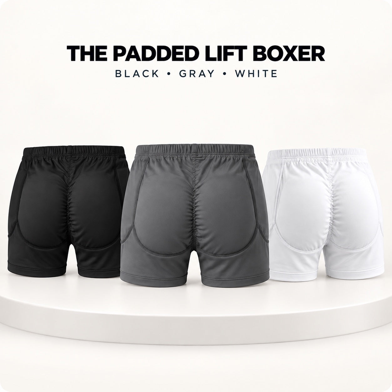 Black gray and white DEFYNMEN regular-rise padded Lift Boxers shown from the back