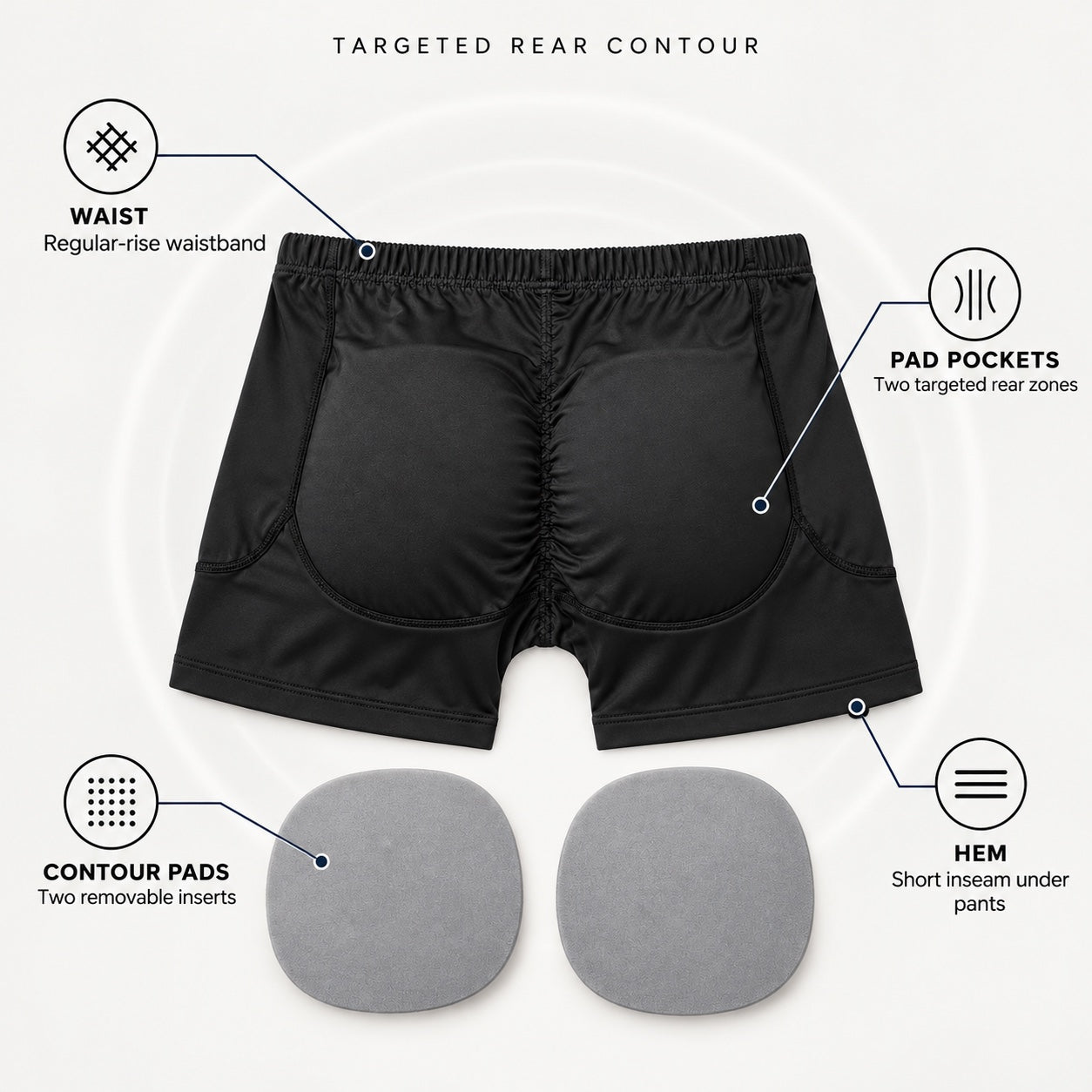Technical back view of the regular-rise boxer two rear pad pockets and removable pads