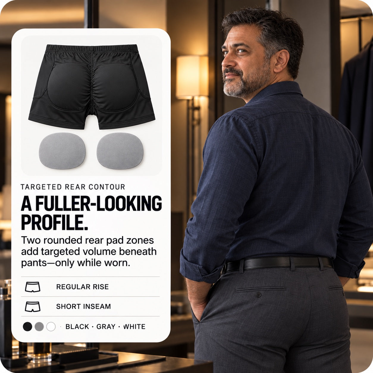 Fully dressed man showing the fuller-looking pants profile while worn