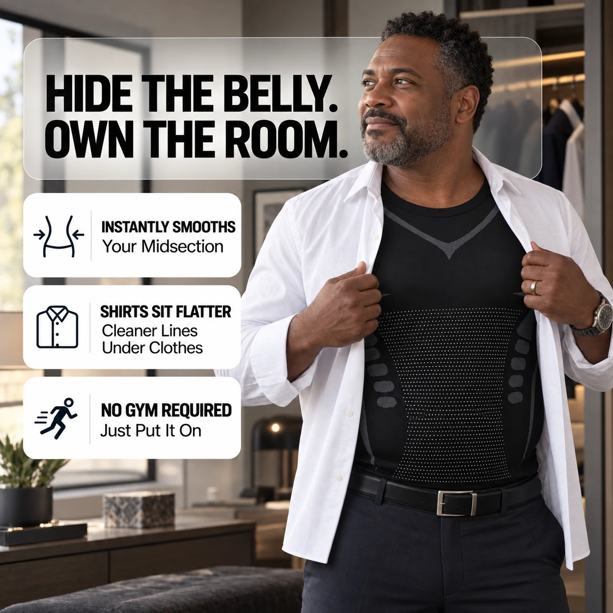 Realistic man layering a shirt over a DEFYNMEN Classic compression undershirt
