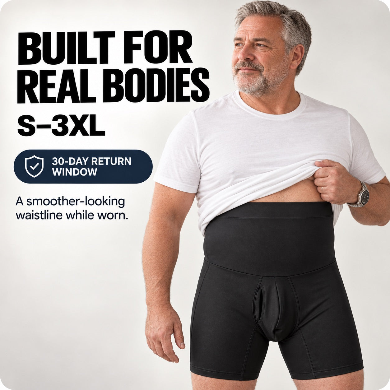 Realistic American man with an everyday build wearing the high-waist DEFYNMEN shaping short