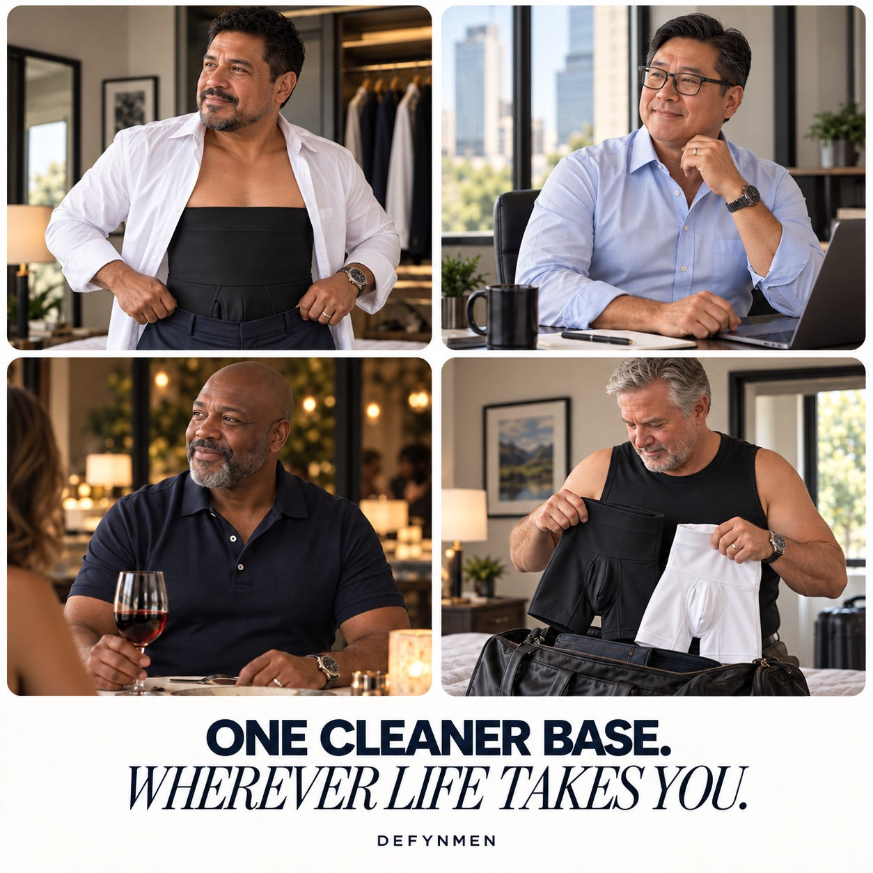 Four realistic American men showing dressing work dinner and travel use cases for the high-waist shaping short