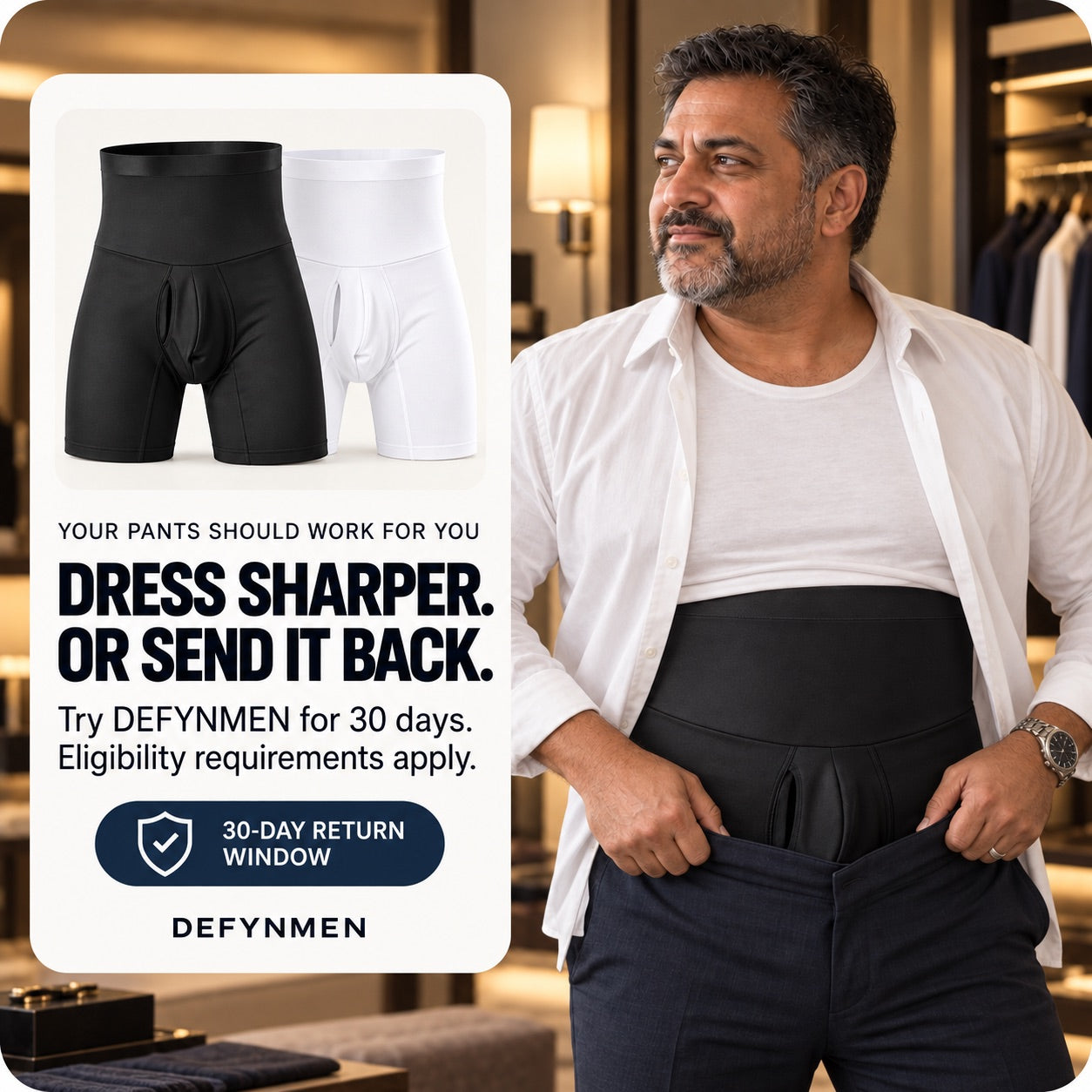 Realistic mature man dressing over the high-waist shaping short beside the 30-day return-window message