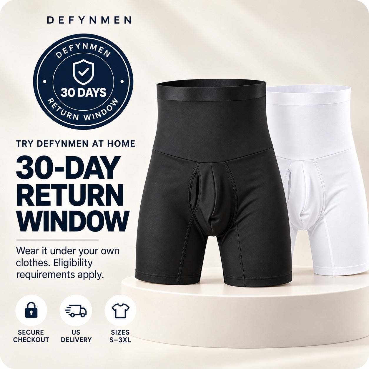 Black and white DEFYNMEN high-waist shaping shorts beside 30-day return-window information
