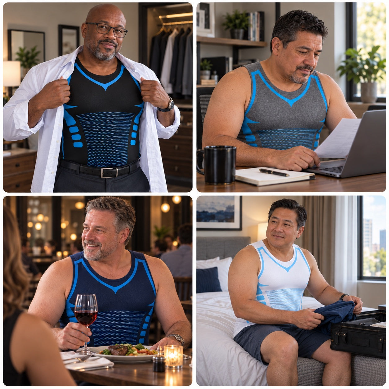 Four American men in work dinner and travel settings wearing black gray navy and white DEFYNMEN sleeveless tanks