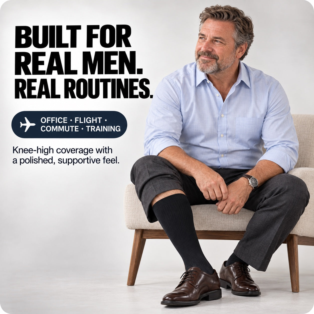 Real man wearing knee-high support socks during an everyday routine