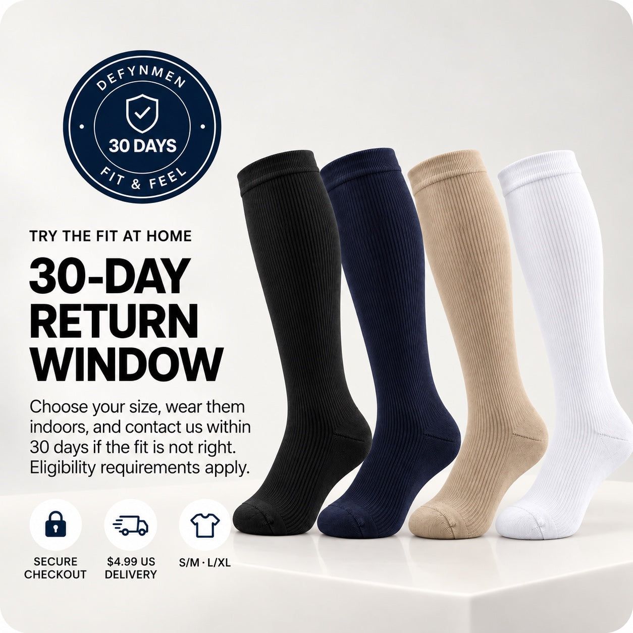 Four DEFYNMEN support sock colors beside 30-day return-window information